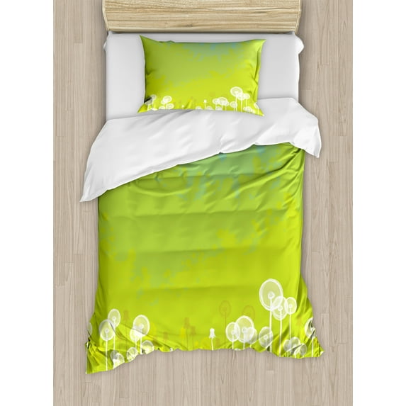 Ambesonne Flower Duvet Cover Sets, Wild Dandelion Blossoms, 2-Twin, Apple Green Seafoam