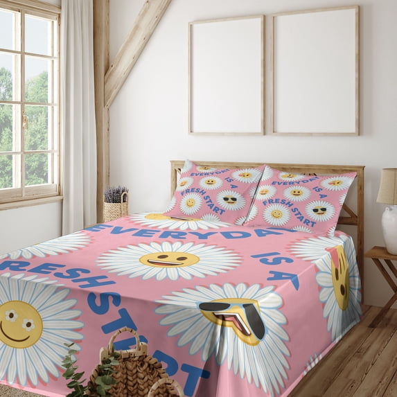 Ambesonne Flower Emoji Fitted & Top Sheet Set with Shams, Chill Summer Fun Art, Pale Pink Mustard White