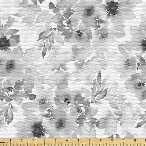 Ambesonne Flower Fabric by the Yard, Grayscale Spring Blooms Art, 3 Yards, Pale Grey and White