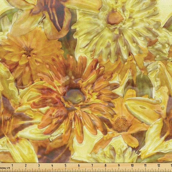 Ambesonne Flower Fabric by the Yard Upholstery, Lily Aster and Gerbera Fall, 2 Yards, Cinnamon Mustard and Amber
