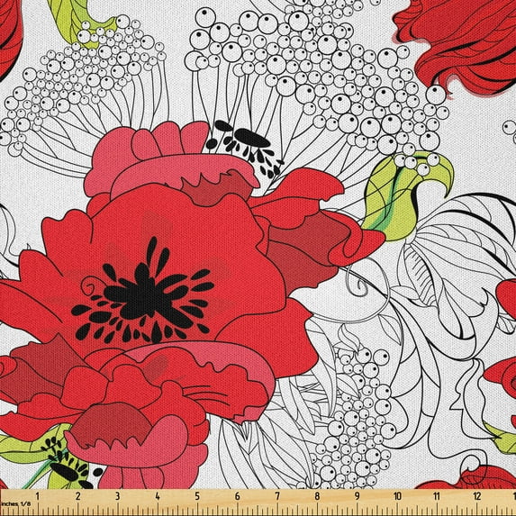 Ambesonne Flower Fabric by the Yard Microfiber, Bouquet of Spring Blooms, 1 Yard, Green Vermilion Black