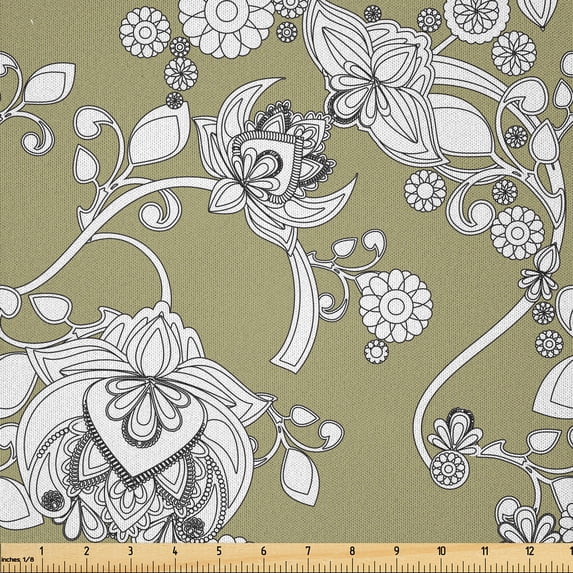 Ambesonne Flower Fabric by the Yard Microfiber, Doodle Style Spring Bloom, 10 Yards, Sepia Black and White