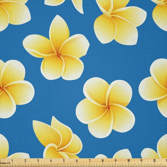 Ambesonne Flower Fabric by the Yard Microfiber, Illustrated Plumeria Floral, 5 Yards, Mustard and Sea Blue