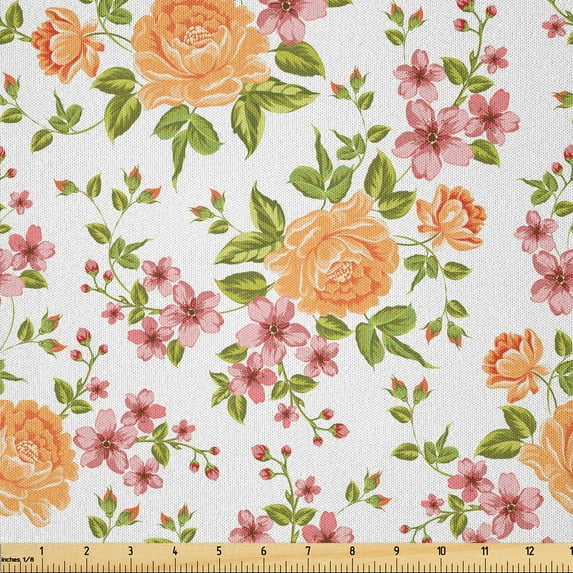 Ambesonne Flower Fabric by the Yard Microfiber, Peony Poppy Bridal Theme, 1 Yard, Pale Orange Green Rose