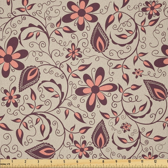 Ambesonne Flower Fabric by the Yard Microfiber, Retro Ornate Blossoms, 3 Yards, Beige Coral Brown