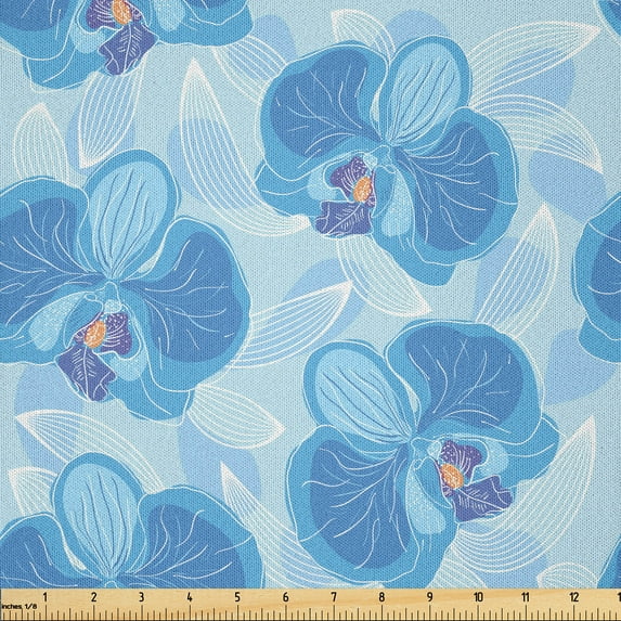 Ambesonne Flower Fabric by the Yard Microfiber, Soft Blue Orchid Blossoms, 10 Yards, Pale Blue Blue and White