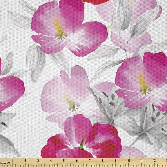 Ambesonne Flower Fabric by the Yard Microfiber, Spring Romantic Composition, 1 Yard, Hot Pink and White