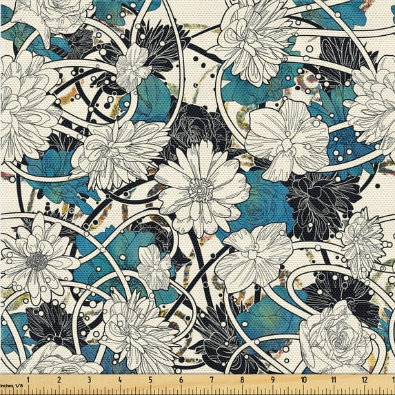Ambesonne Flower Fabric by the Yard Upholstery, Abstract Floral Ornaments, 1 Yard, Champagne and Dark Turquoise