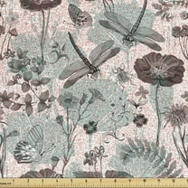 Ambesonne Flower Fabric by the Yard Upholstery, Blossoms and Dragonflies, 2 Yards, Multicolor