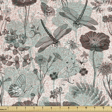 Ambesonne Flower Fabric by the Yard Upholstery, Blossoms and Dragonflies, 2 Yards, Multicolor