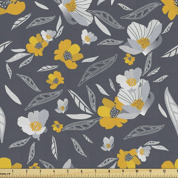 Ambesonne Flower Fabric by the Yard Upholstery, Botanical Leafy Ornaments, 5 Yards, Earth Yellow Pale Grey