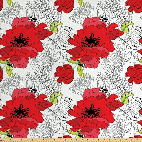 Ambesonne Flower Fabric by the Yard Upholstery, Bouquet of Spring Blooms, 3 Yards, Green Vermilion Black