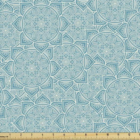 Ambesonne Flower Fabric by the Yard Upholstery, Ethnic Lotus Flora Artwork, 3 Yards, Pale Turquoise Pale Blue