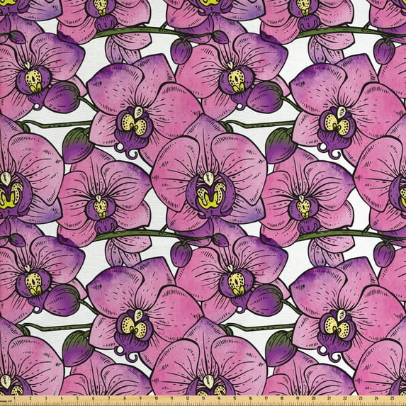 Ambesonne Flower Fabric by the Yard Upholstery, Exotic Orchid Blossoms, 10 Yards, Pink Violet and Yellow