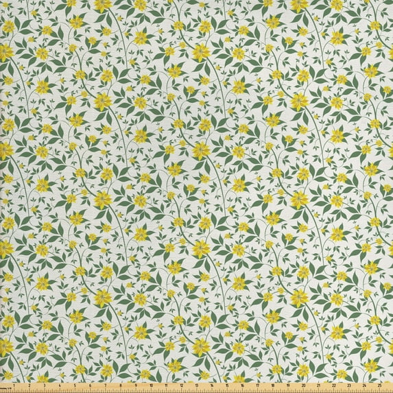 Ambesonne Flower Fabric by the Yard Upholstery, Flourishing Country Flowers, 2 Yards, Green Yellow and Cream