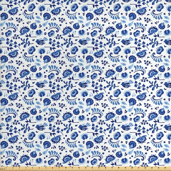 Ambesonne Flower Fabric by the Yard Upholstery, Folk Art Design Ethnic Bloom, 3 Yards, White Pale Azure Blue