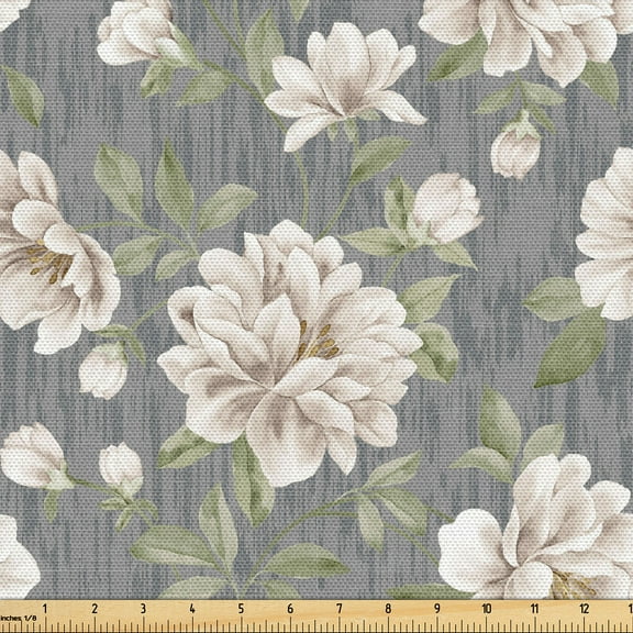 Ambesonne Flower Fabric by the Yard Upholstery, Grunge Spring Flower Leaves, 5 Yards, Peacock Green Cream
