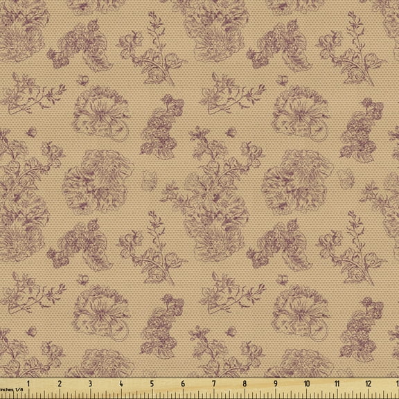 Ambesonne Flower Fabric by the Yard Upholstery, Peony Raspberry Damask, 2 Yards, Dark Peach Pale Maroon