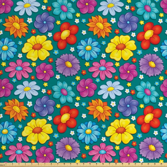 Ambesonne Flower Fabric by the Yard Upholstery, Spring Garden Pattern Floral, 10 Yards, Teal Multicolor