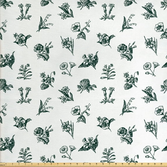 Ambesonne Flower Fabric by the Yard Upholstery, Vintage Garden Art Pattern, 2 Yards, White and Emerald