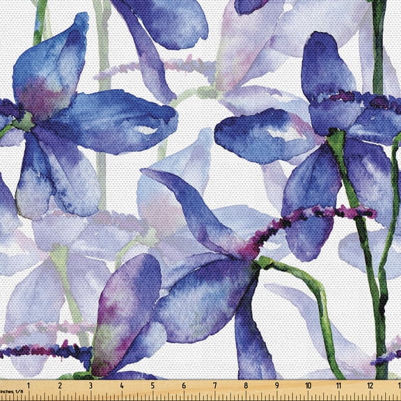 Ambesonne Flower Fabric by the Yard Upholstery, Watercolor Art Iris Flowers, 1 Yard, Azure Blue Purple and White