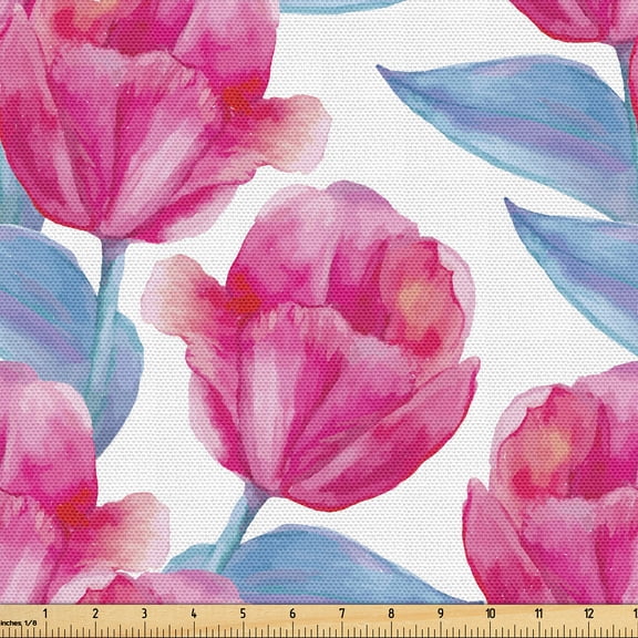 Ambesonne Flower Fabric by the Yard Upholstery, Watercolor Tulips Scene Boho, 1 Yard, Lavender Hot Pink
