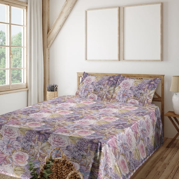 Ambesonne Flower Fitted & Flat Sheet with Sham 3 Pcs Set, Roses Lilies Lilacs Print, Twin, Mauve Pale Pink and Khaki