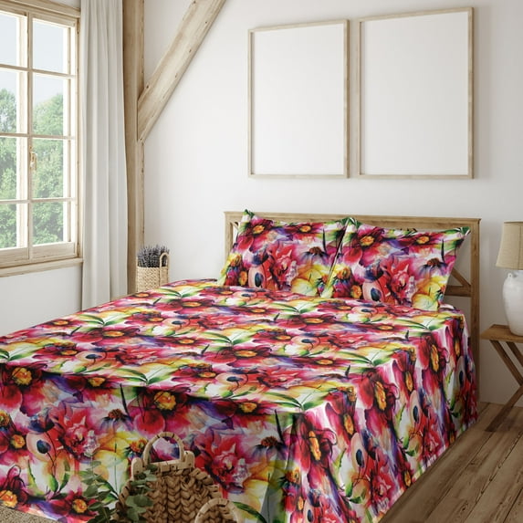Ambesonne Flower Fitted & Flat Sheet with Shams 4 Pcs Set, Fine Art Floral Nature Print, Calking, Magenta Mustard and Green