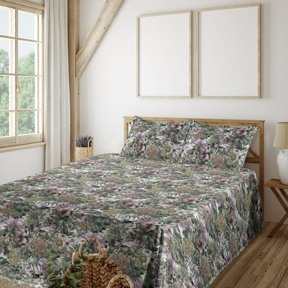 Ambesonne Flower Fitted & Flat Sheet with Shams 4 Pcs Set, Leaves Blossoming Petals Art, Calking, Grey Pink and Sage Green
