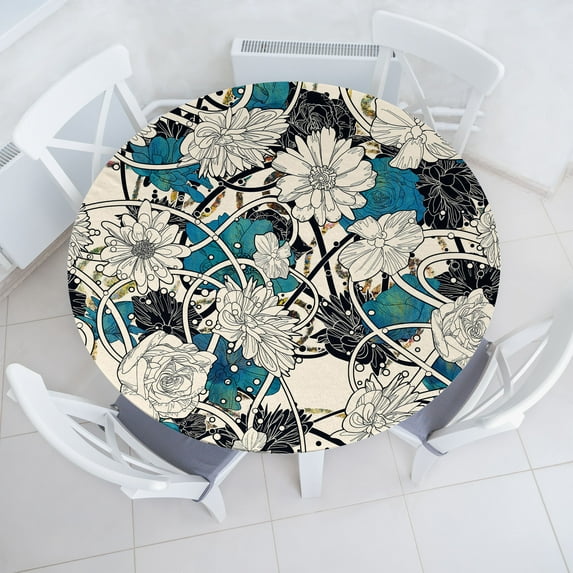 Ambesonne Flower Fitted Round Tablecloth, Abstract Floral Ornaments, 36"- 40" Diameter, Champagne and Dark Turquoise