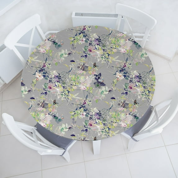 Ambesonne Flower Fitted Round Tablecloth, Floral Nature Spring Branch, 40"- 44" Diameter, Grey Lime Green and Pale Pink