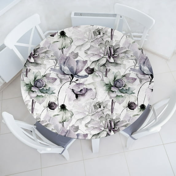 Ambesonne Flower Fitted Round Tablecloth, Pastel Tones Blooming Petals, 36"- 40" Diameter, Mauve and Laurel Green