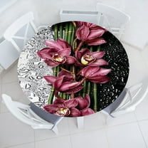 Ambesonne Flower Fitted Round Tablecloth, Plum Orchids and Water Drops, 36"- 40" Diameter, Dark Mauve and Charcoal Grey