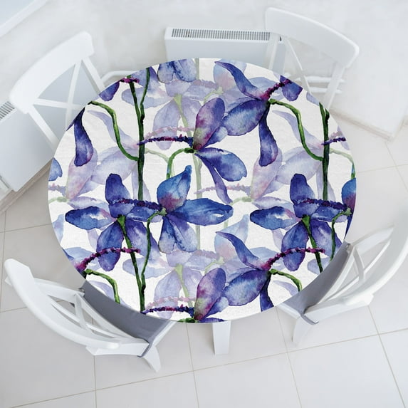 Ambesonne Flower Fitted Round Tablecloth, Watercolor Art Iris Flowers, 56"- 60" Diameter, Azure Blue Purple and White