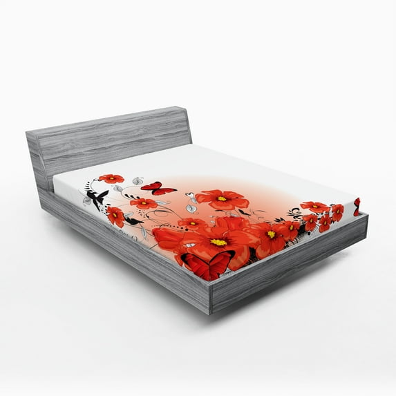 Ambesonne Flower Fitted Sheet 2 Pcs Set, Cartoon Poppy Fresh Art, Queen, Red White Black