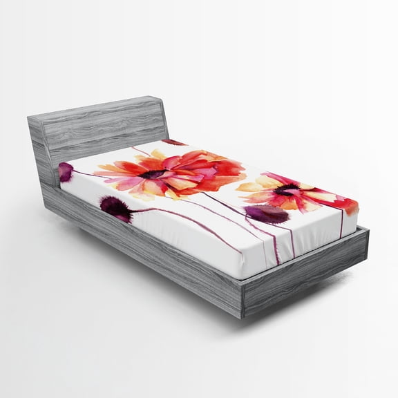 Ambesonne Flower Fitted Sheet 2 Pcs Set, Watercolor Poppies Buds, Twin, Peach Scarlet Purple