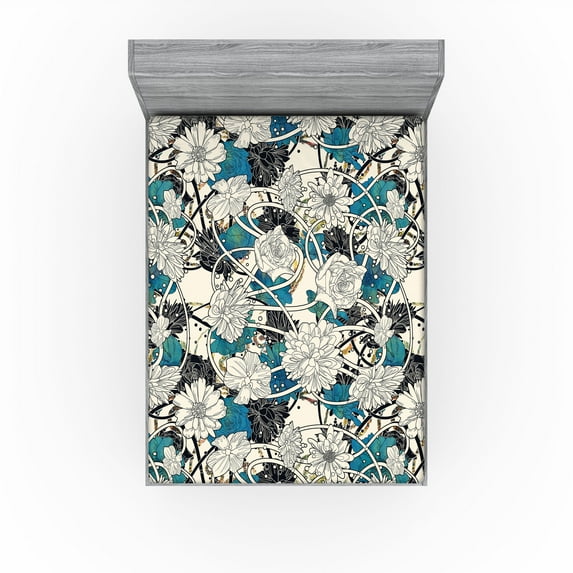Ambesonne Flower Fitted Sheet, Abstract Floral Ornaments, King Size, Champagne and Dark Turquoise