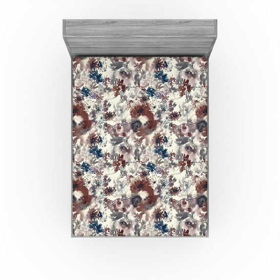 Ambesonne Flower Fitted Sheet, Art Aquarelle Floral Leaves, California King, Ivory Pale Redwood and Blue