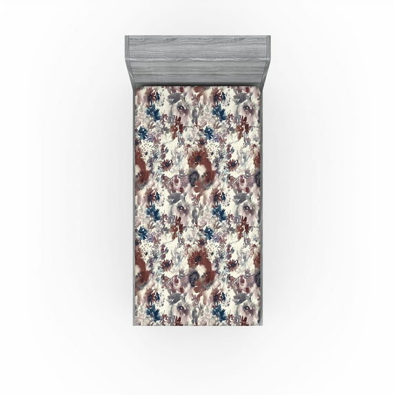 Ambesonne Flower Fitted Sheet, Art Aquarelle Floral Leaves, Twin XL Size, Ivory Pale Redwood and Blue