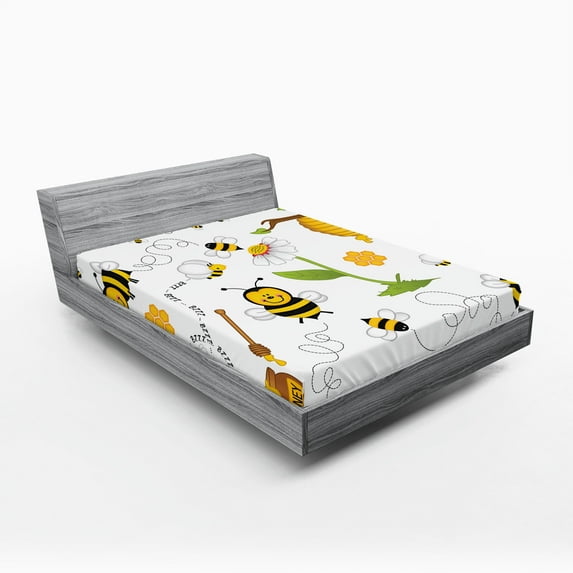Ambesonne Flower Fitted Sheet, Bees Daisies Chamomile, Full Size, Yellow White and Black