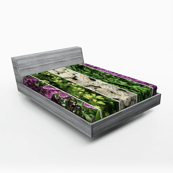 Ambesonne Flower Fitted Sheet, Blooming Bouquet Romance, Queen Size, Green Violet