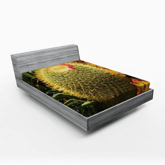 Ambesonne Flower Fitted Sheet, Cactus Plant with Spikes, Full Size, Green and Pink
