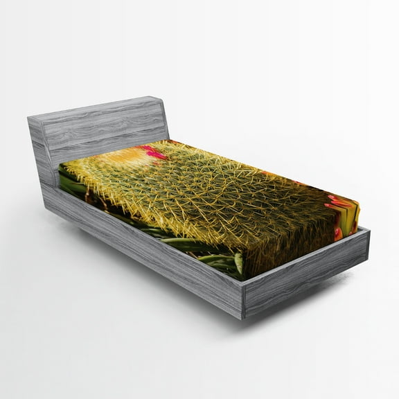 Ambesonne Flower Fitted Sheet, Cactus Plant with Spikes, Twin Size, Green and Pink