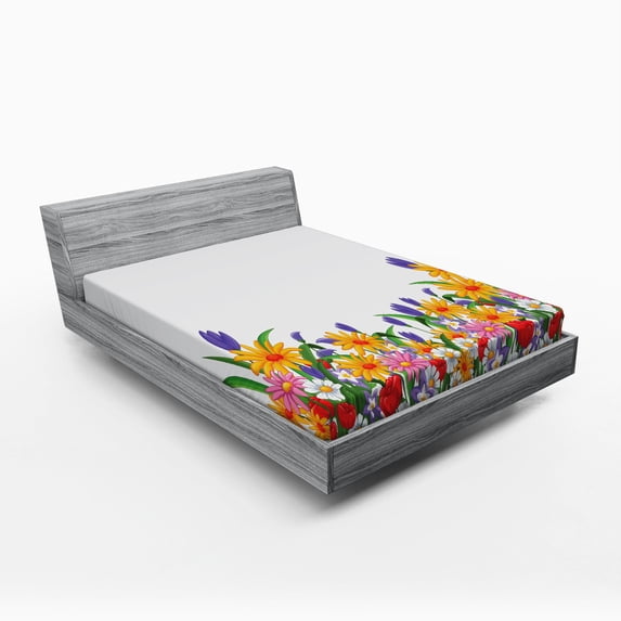 Ambesonne Flower Fitted Sheet, Cartoon Garden Tulips, Queen Size, Multicolor