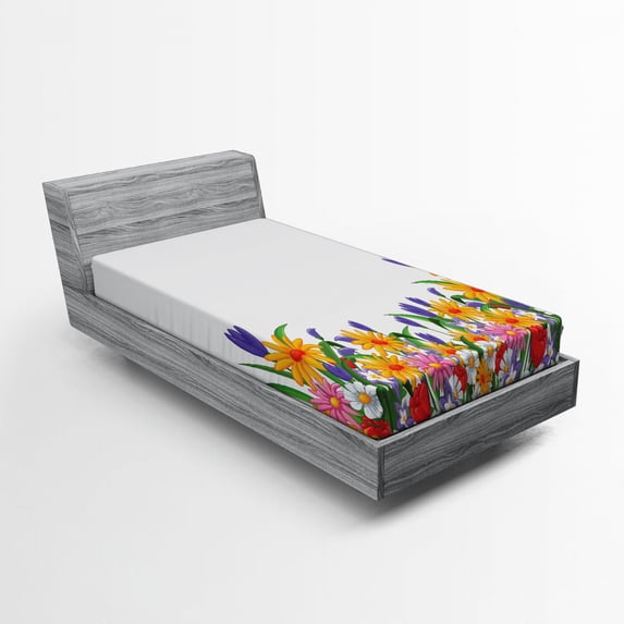 Ambesonne Flower Fitted Sheet, Cartoon Garden Tulips, Twin Size, Multicolor