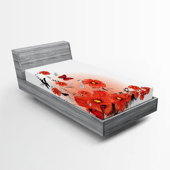 Ambesonne Flower Fitted Sheet, Cartoon Poppy Fresh Art, Twin XL Size, Red White Black