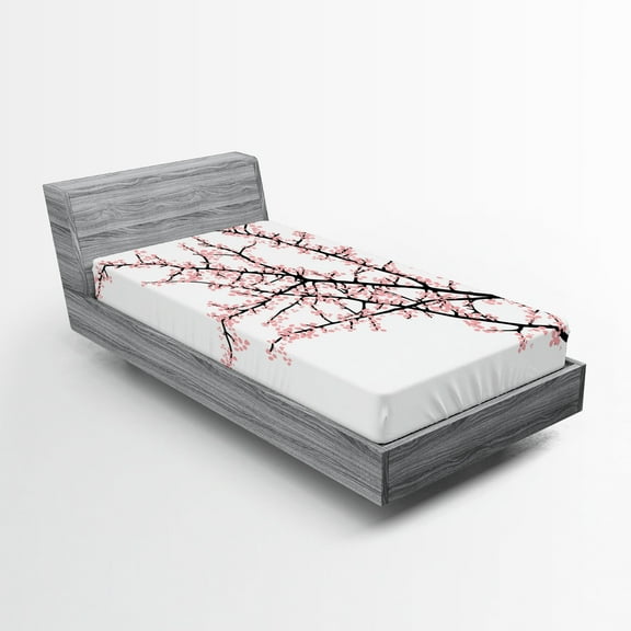 Ambesonne Flower Fitted Sheet, Cherry Branch Floral, Twin XL Size, Pink Black