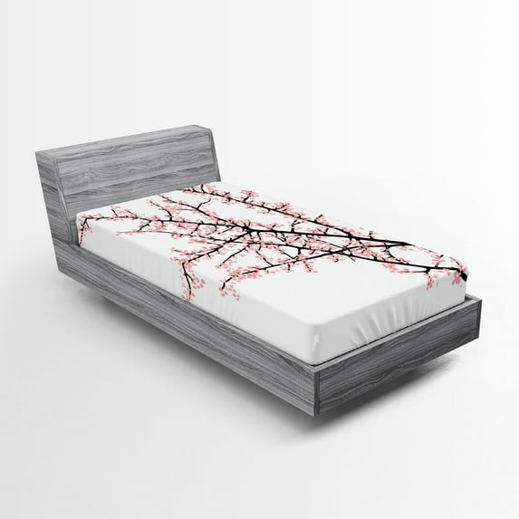 Ambesonne Flower Fitted Sheet, Cherry Branch Floral, Twin XL Size, Pink Black