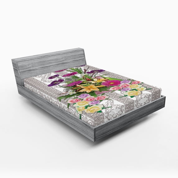 Ambesonne Flower Fitted Sheet, Colorful Bouquet on Curls, Queen Size, Warm Taupe Multicolor