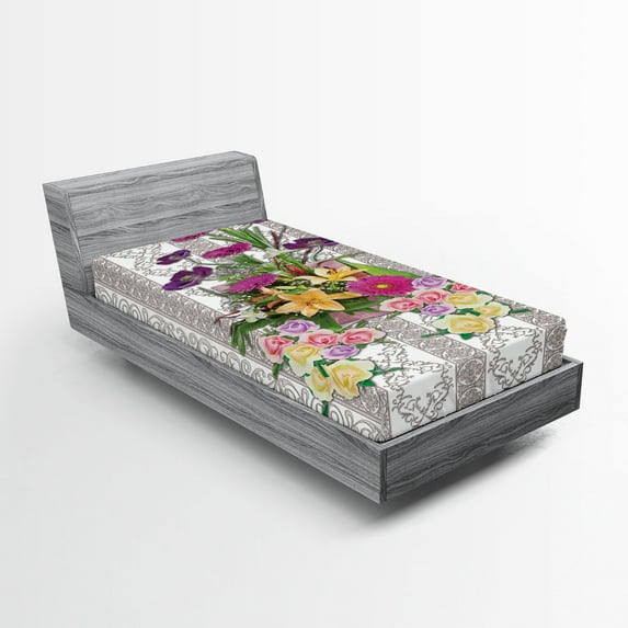 Ambesonne Flower Fitted Sheet, Colorful Bouquet on Curls, Twin XL Size, Warm Taupe Multicolor